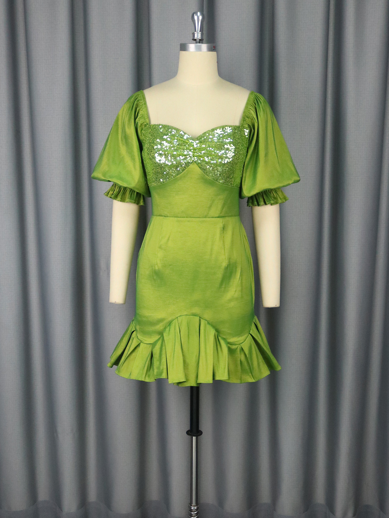 Elegant Puff-Sleeve Party Dress Sequin Patchwork Ruffled Formal Bodycon Gown