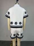 Summer Women's Fashion Turn-Down Collar Color-Block Printed Shirt & Wide-Leg Shorts Casual Set