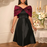 African Elegant Bow Off-Shoulder Rose Jacquard Patchwork Black Formal Party Dress