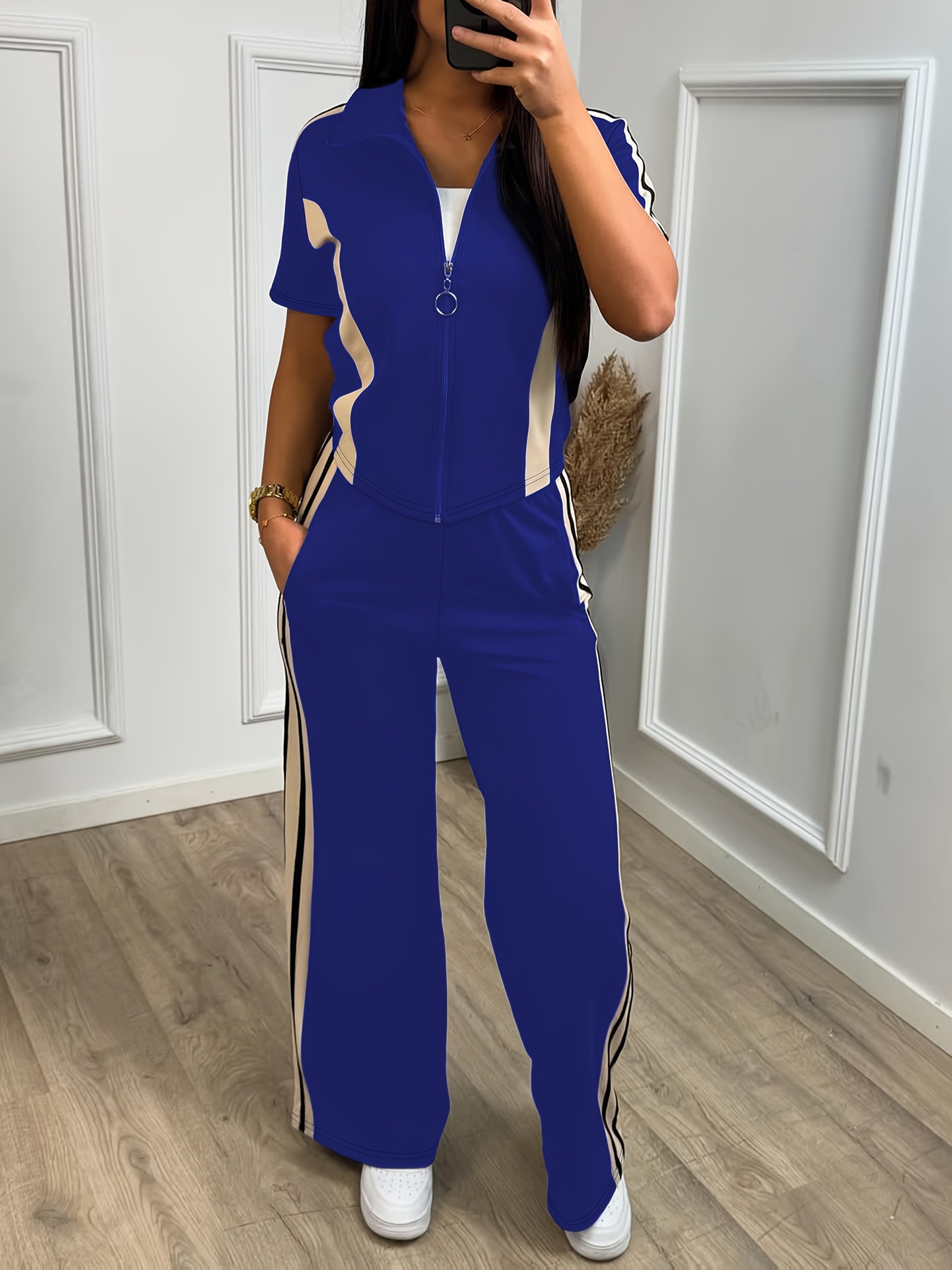 Spring/Summer Women's Casual Zip-Up Short-Sleeve Top & Elastic-Waist Pants Two Piece Set