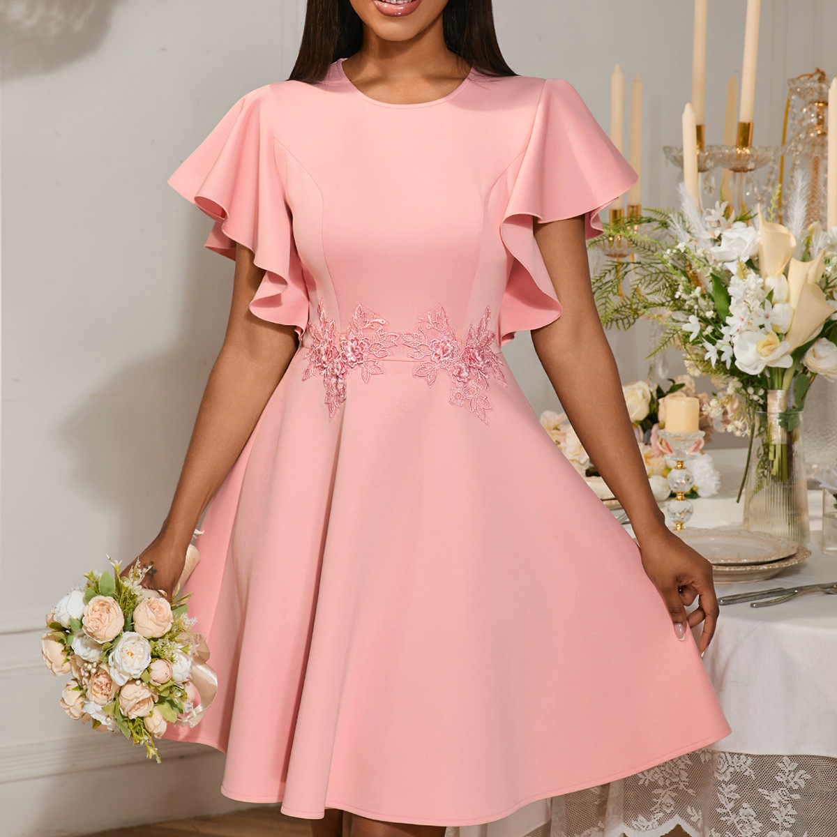 Summer Chic Round Neck Short Dress Embroidered Floral A-Line Party Gown