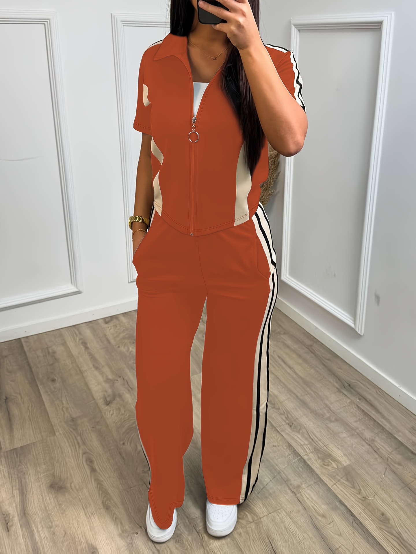 Spring/Summer Women's Casual Zip-Up Short-Sleeve Top & Elastic-Waist Pants Two Piece Set