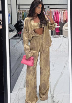 Summer Women's Fashion Turn-Down Collar Long-Sleeve Shirt & Strapless Wide-Leg Pants Three-Piece