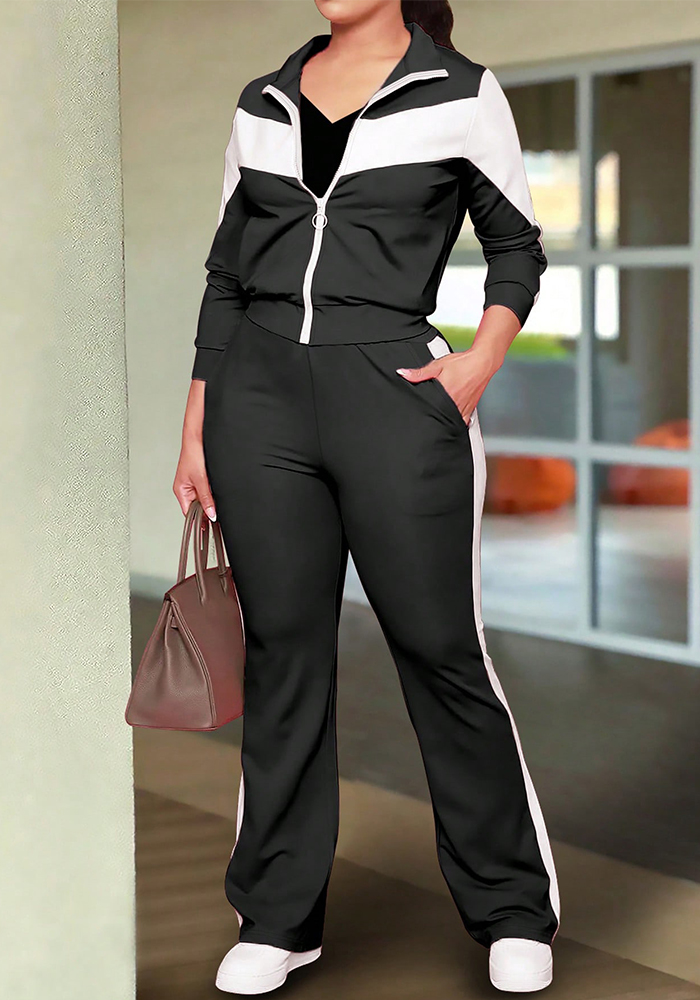 Spring/Fall Women's Trendy Color-Block Sporty Zip-Up Jacket & Casual Pants Set