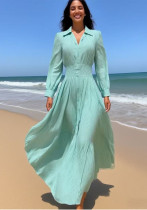 Striped Turndown Collar Long-Sleeve Button Slim Waist A-Line Gown Striped Turndown Collar Long-Sleeve Button Slim Waist A-Line Gown