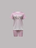 Women's Spring/Summer Geometric Stripe Round Neck T-Shirt & Tight-Fit Shorts Casual Set