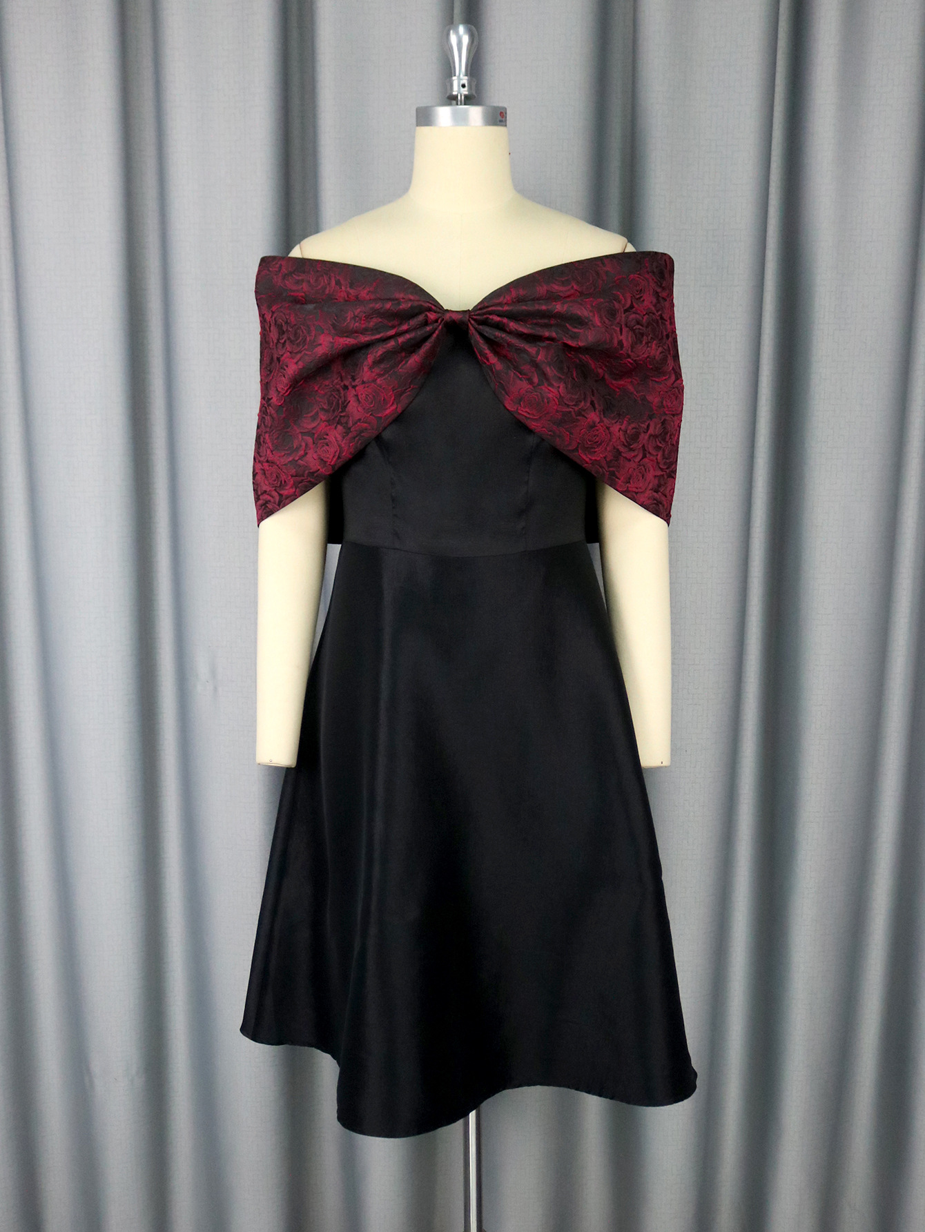 African Elegant Bow Off-Shoulder Rose Jacquard Patchwork Black Formal Party Dress