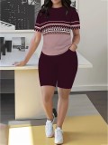 Women's Spring/Summer Geometric Stripe Round Neck T-Shirt & Tight-Fit Shorts Casual Set