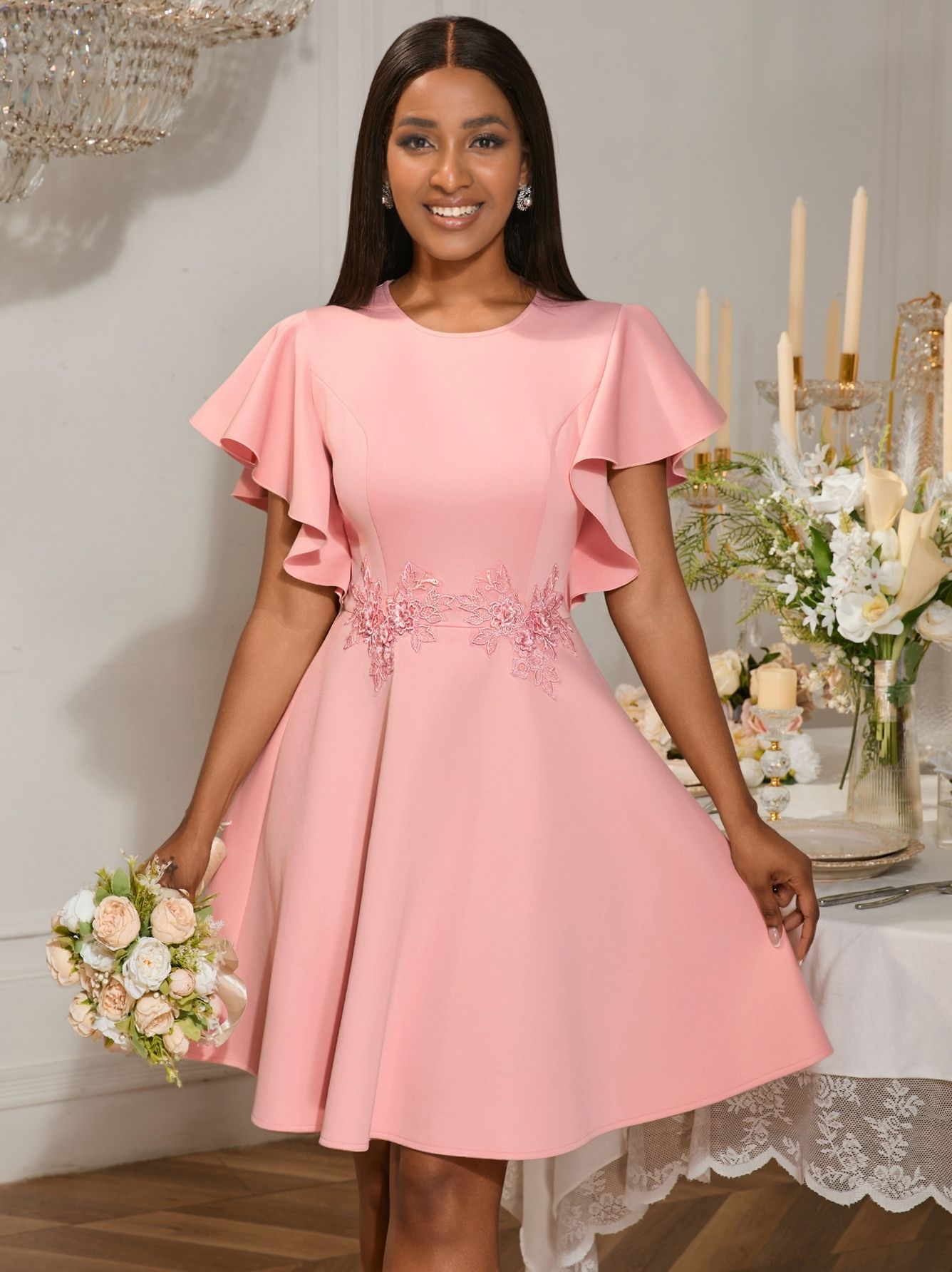 Summer Chic Round Neck Short Dress Embroidered Floral A-Line Party Gown