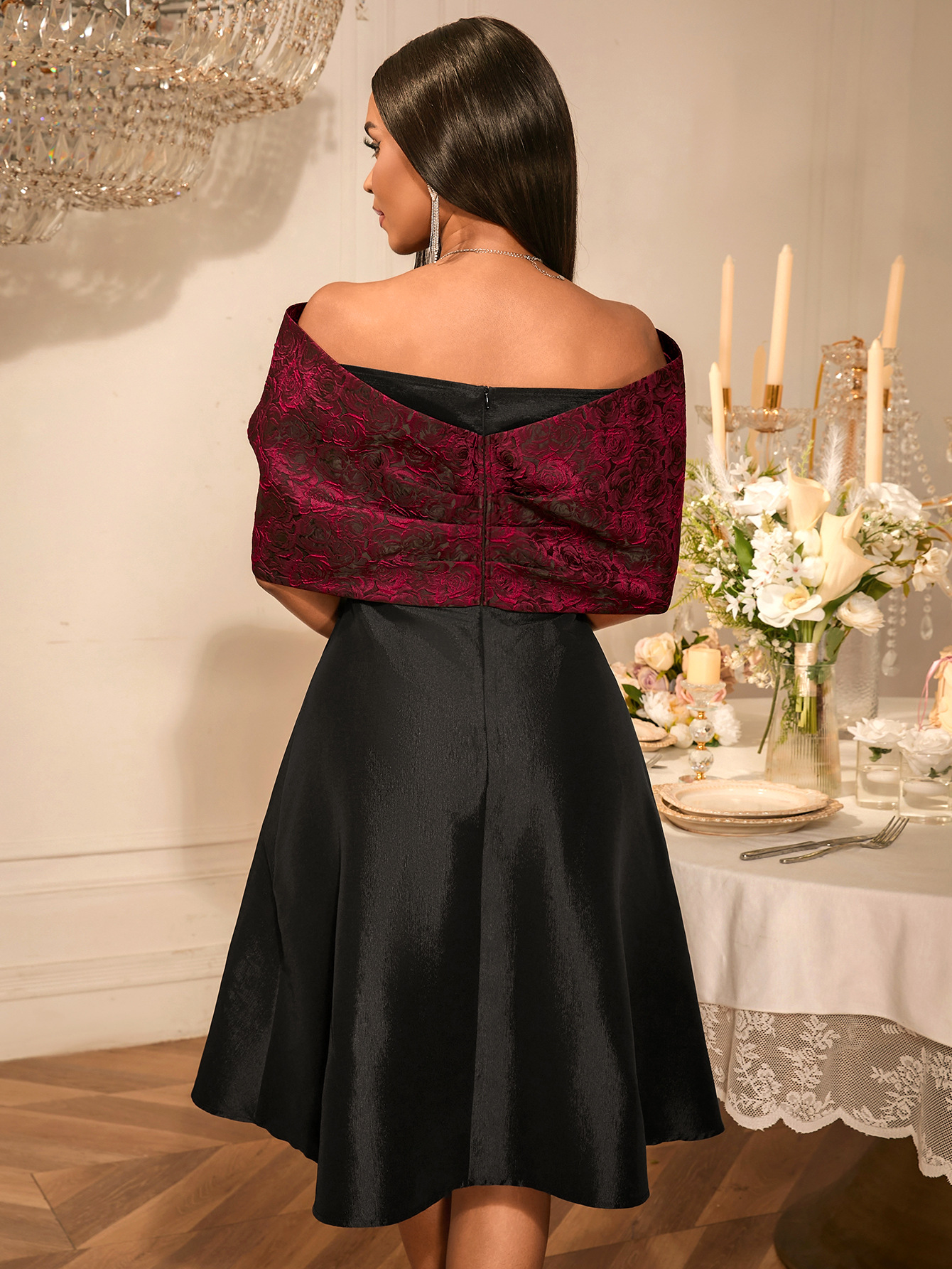 African Elegant Bow Off-Shoulder Rose Jacquard Patchwork Black Formal Party Dress