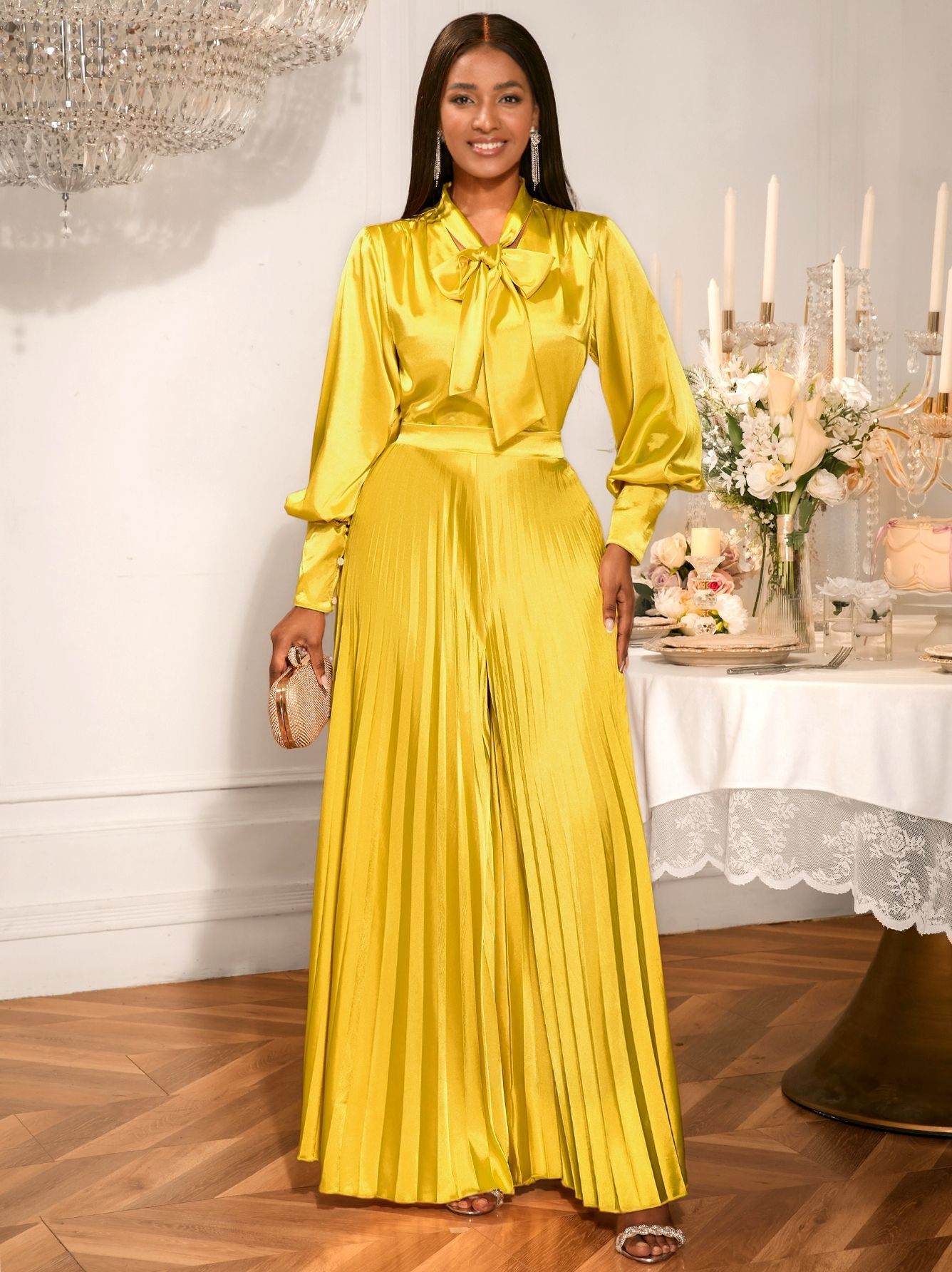 Sexy V-Neck Bow Blouse & Elegant Wide-Leg Pleated Pants Two-Piece Set