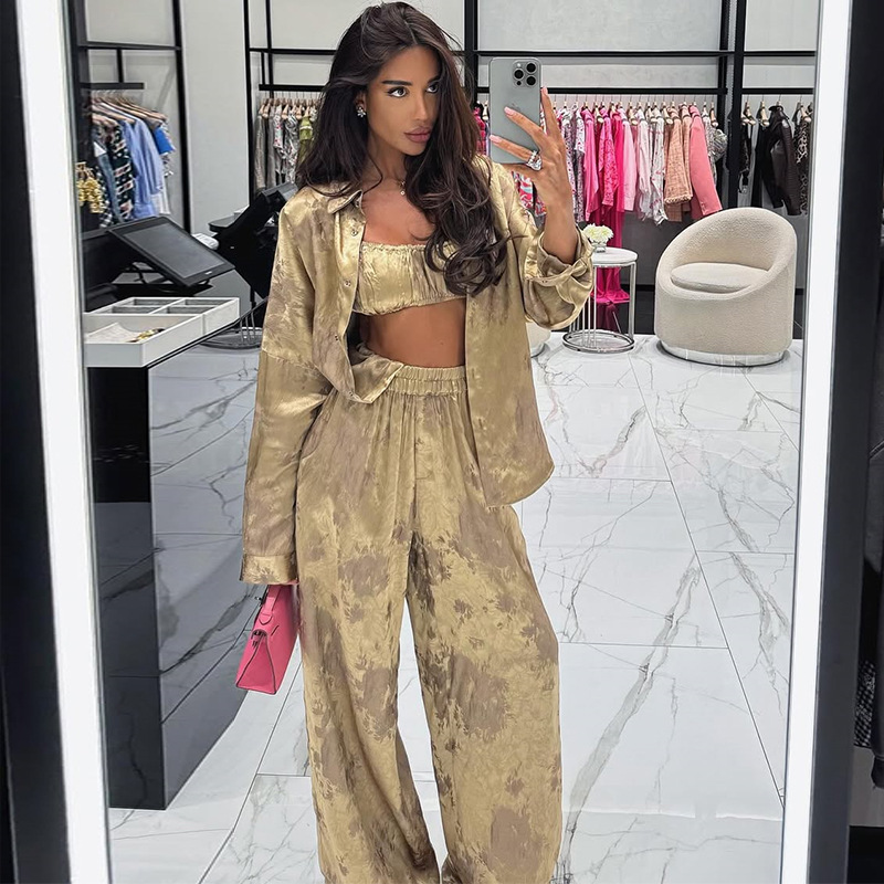 Summer Women's Fashion Turn-Down Collar Long-Sleeve Shirt & Strapless Wide-Leg Pants Three-Piece