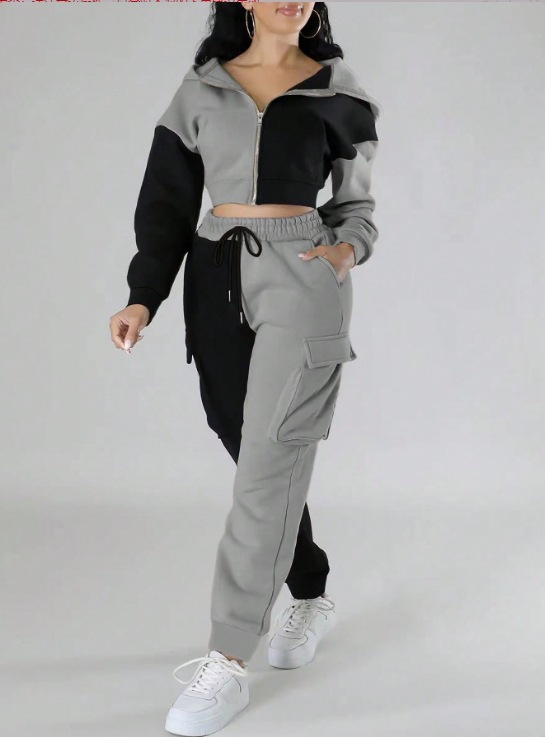Sporty Women's Set Trendy Color-Block Cropped Hoodie & Cargo Joggers Two-Piece