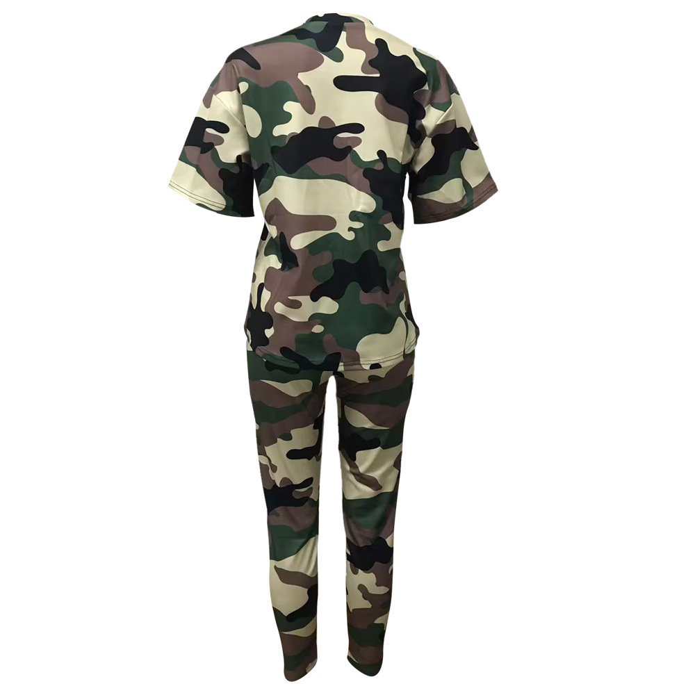 Trendy Letter-Print Camouflage Two-Piece Women's Pant Set