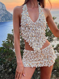 Halter Neck Two-Piece Summer Women's Sexy Low-Back Skirt Set with Shell Decor