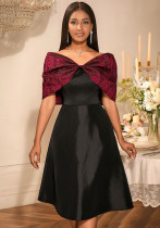 African Elegant Bow Off-Shoulder Rose Jacquard Patchwork Black Formal Party Dress African Elegant Bow Off-Shoulder Rose Jacquard Patchwork Black Formal Party Dress