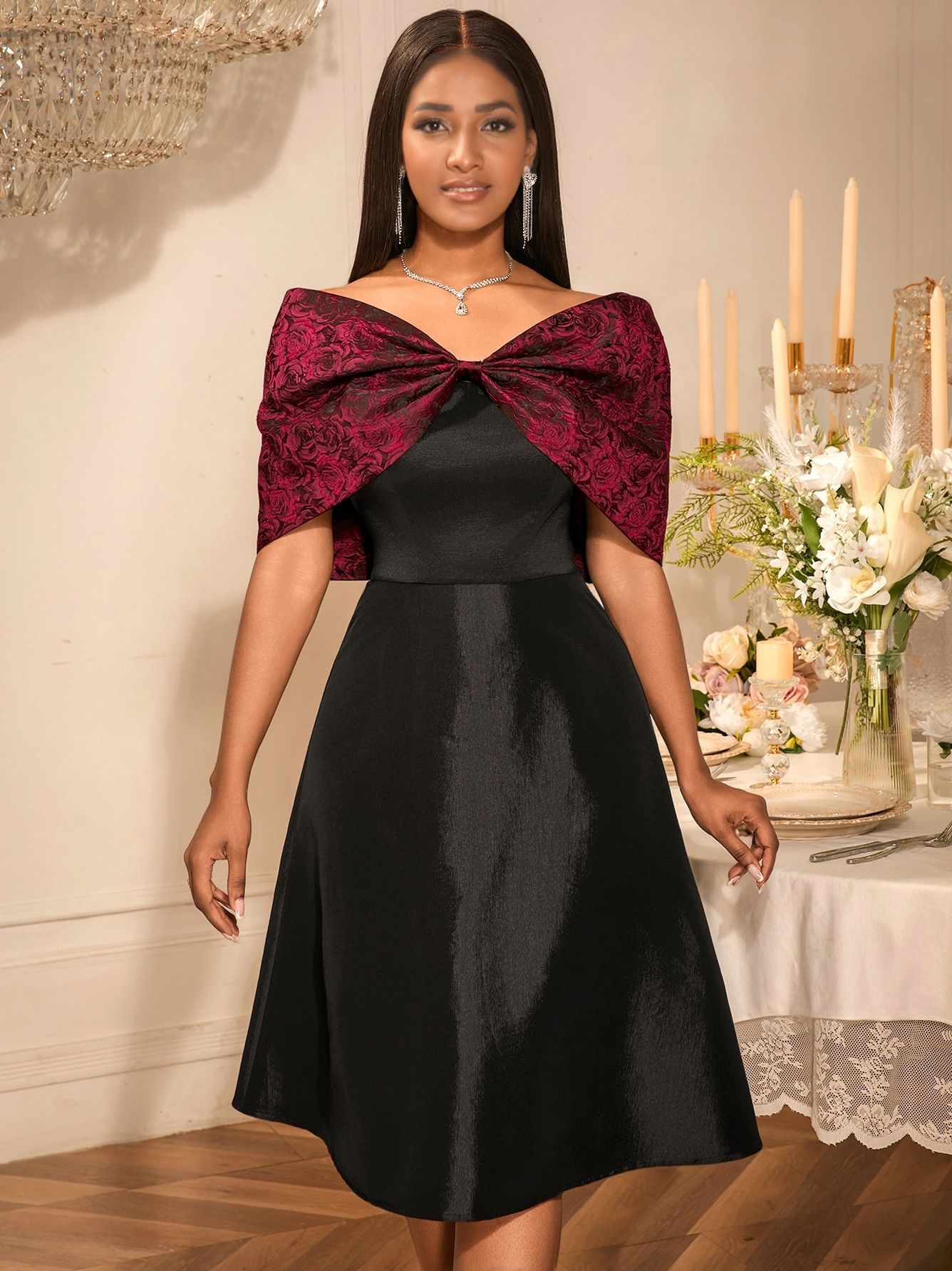 African Elegant Bow Off-Shoulder Rose Jacquard Patchwork Black Formal Party Dress