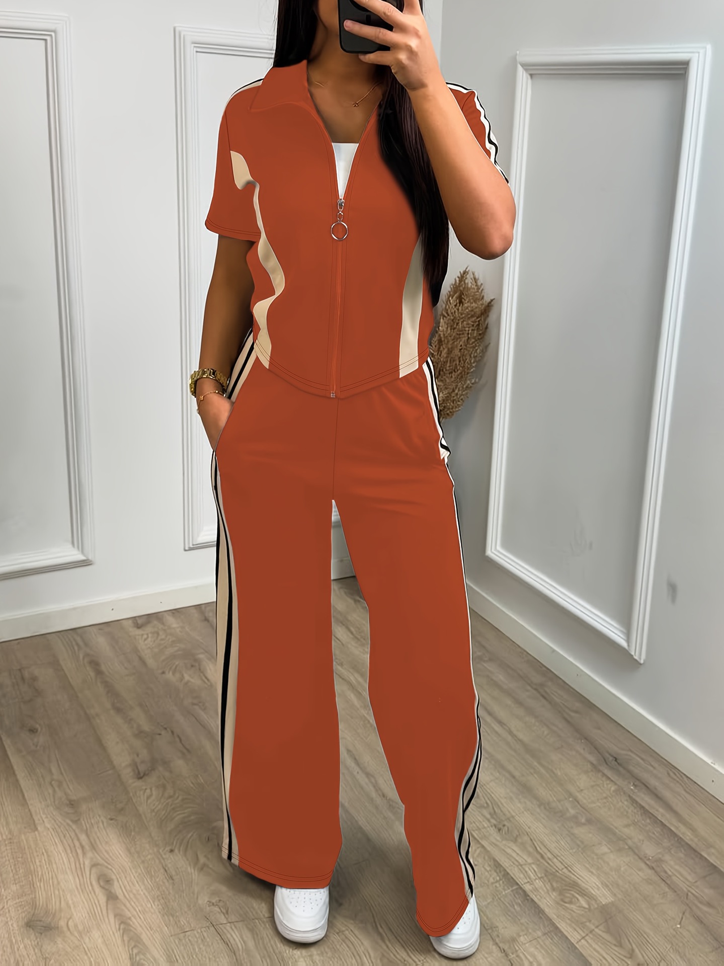 Spring/Summer Women's Casual Zip-Up Short-Sleeve Top & Elastic-Waist Pants Two Piece Set