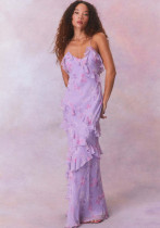 Women's Ruffled Floral Low-Back Slim Waist Chiffon Holiday Dress Women's Ruffled Floral Low-Back Slim Waist Chiffon Holiday Dress