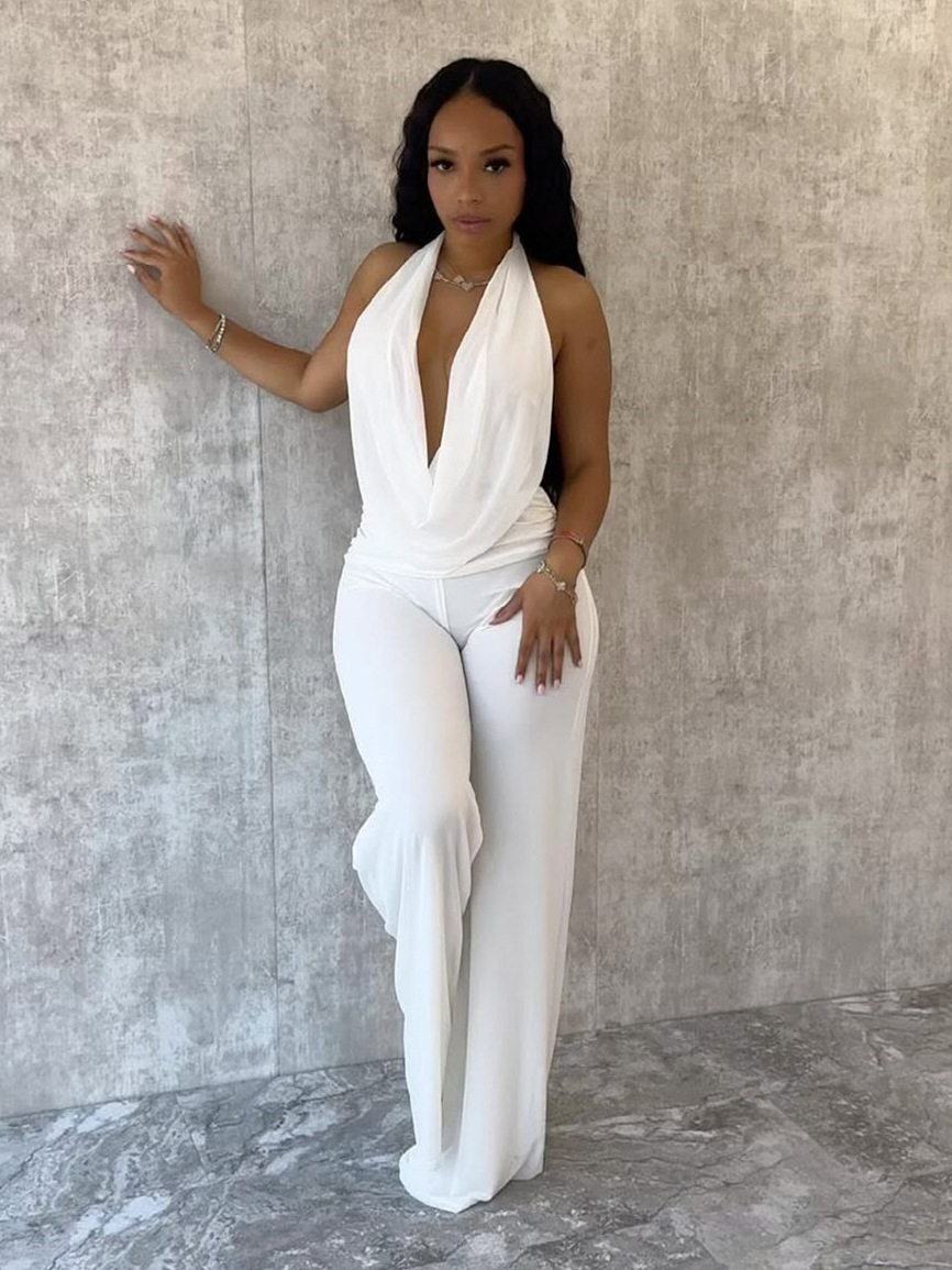 Women's Sexy Halter Neck Back Tie-Detail Sheer Mesh Two-Piece Pants Set