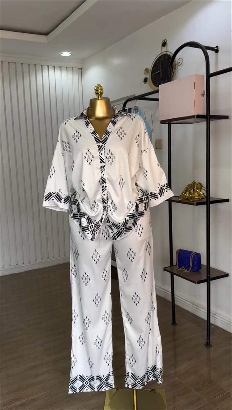 Summer Women's Fashion Turn-Down Collar Printed Loose Shirt & Wide-Leg Pants Casual Set