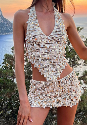Halter Neck Two-Piece Summer Women's Sexy Low-Back Skirt Set with Shell Decor