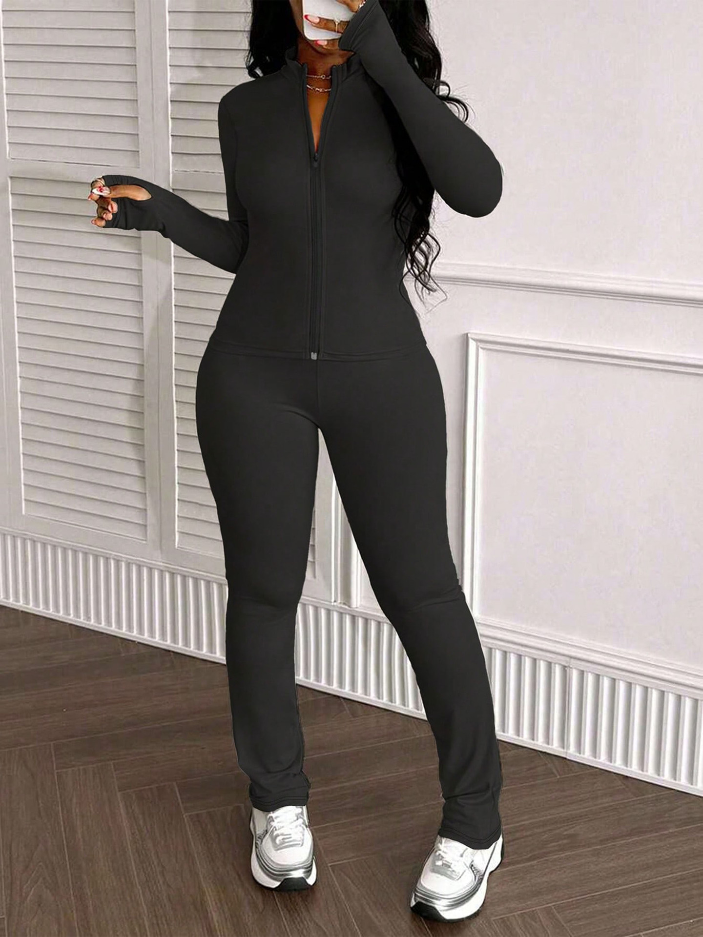 Spring/Fall Women's Casual Fitted Zip-Up Jacket & Pants Set