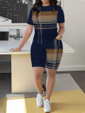 Women's Spring/Summer Geometric Stripe Round Neck T-Shirt & Tight-Fit Shorts Casual Set