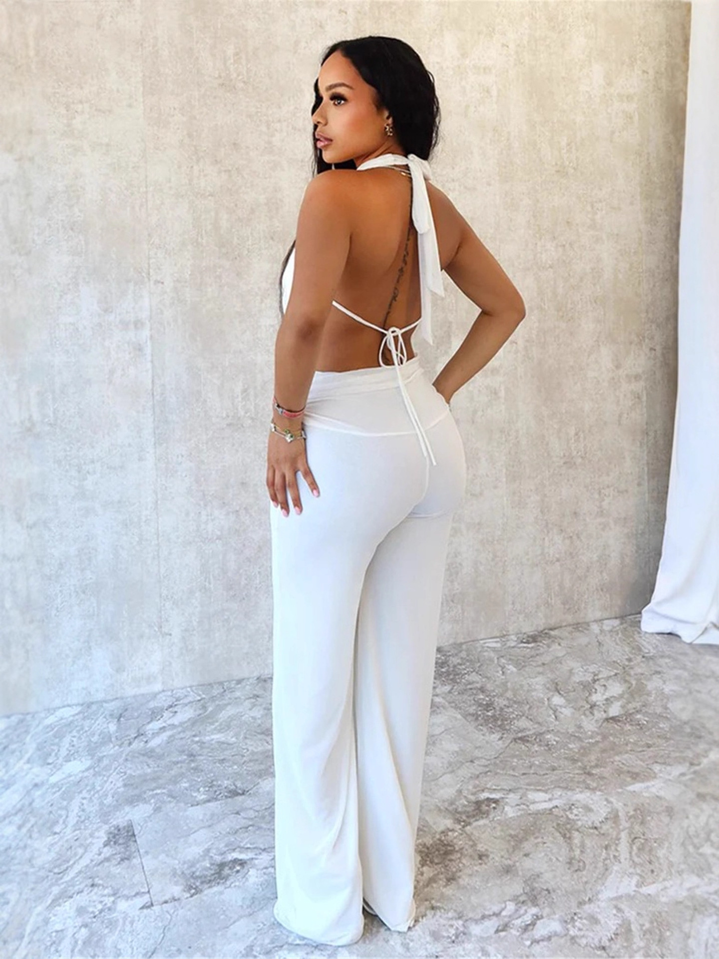 Women's Sexy Halter Neck Back Tie-Detail Sheer Mesh Two-Piece Pants Set