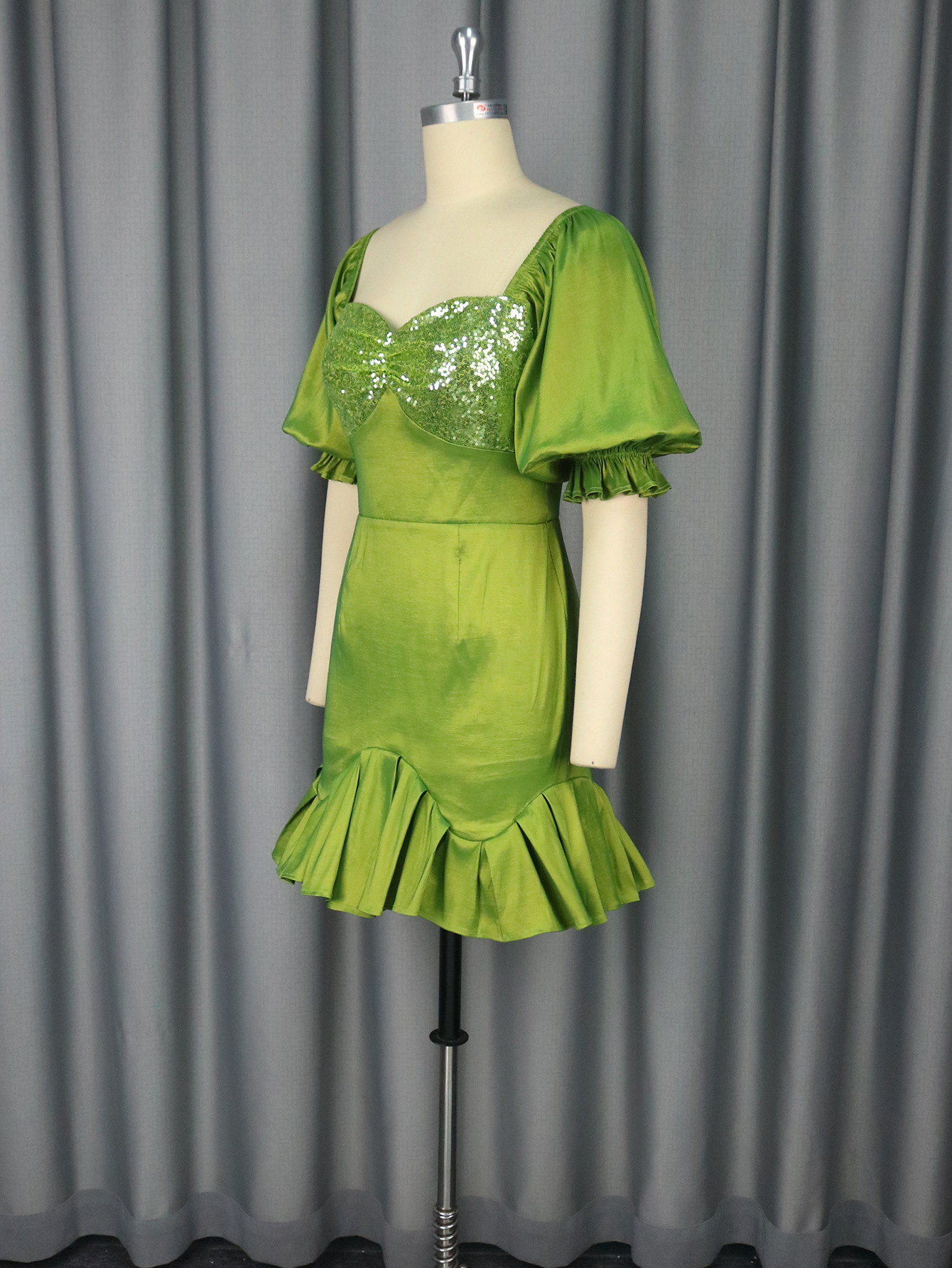 Elegant Puff-Sleeve Party Dress Sequin Patchwork Ruffled Formal Bodycon Gown