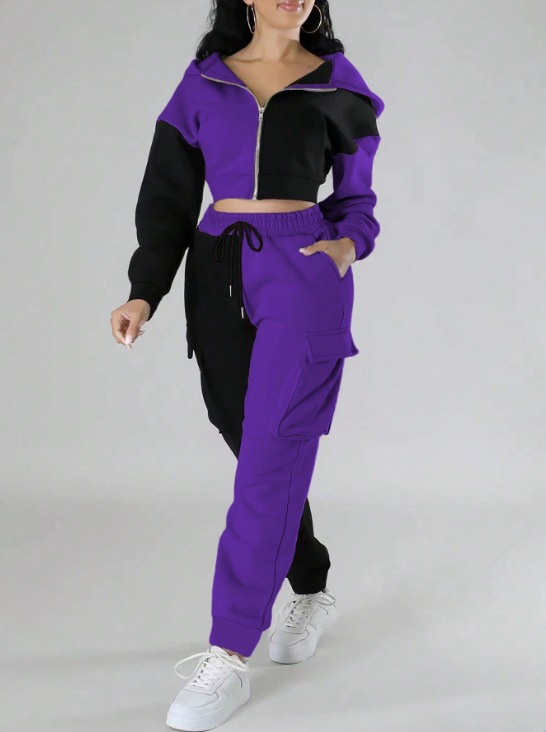Sporty Women's Set Trendy Color-Block Cropped Hoodie & Cargo Joggers Two-Piece