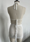 Halter Neck Two-Piece Summer Women's Sexy Low-Back Skirt Set with Shell Decor