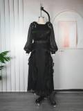 Plus Size African Women Floral Pleated Long-Sleeve Dress