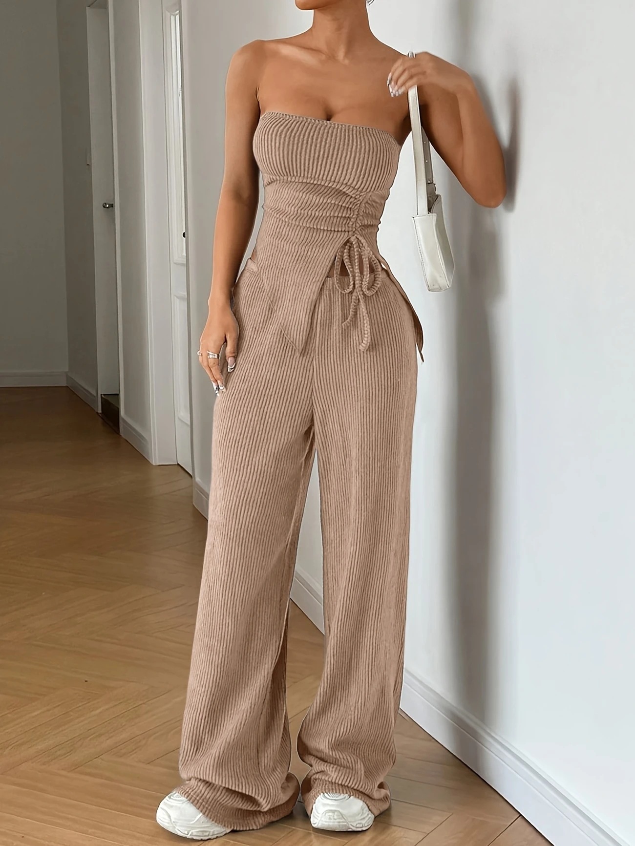 Women Summer Career Ribbed Sleeveless Tie Top and Pant Two-Piece Set