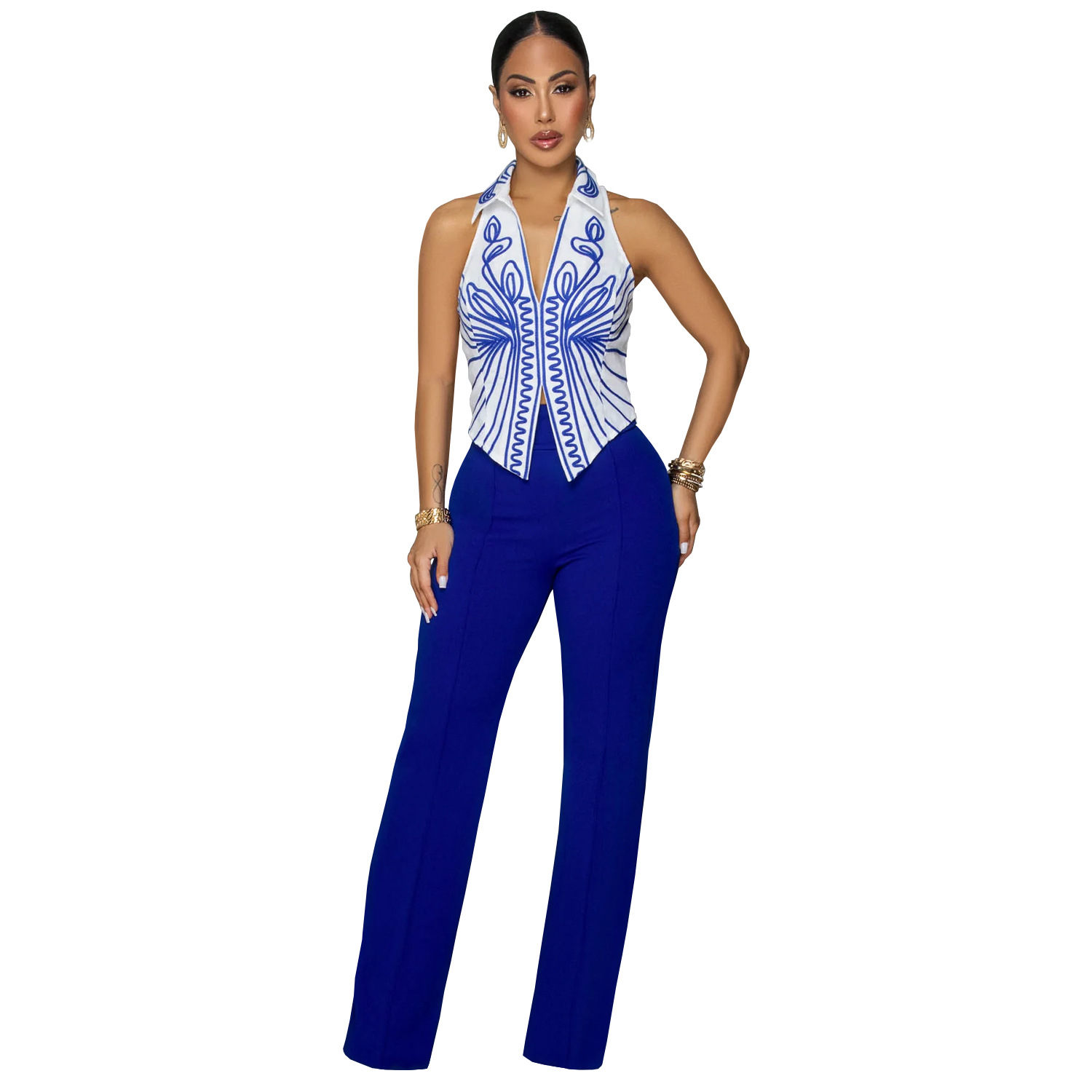 Women Elegant Printed Top and Pants Two-Piece Set