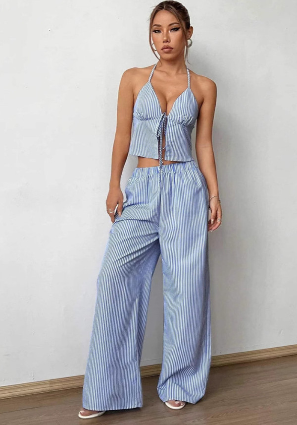 Women Casual Striped Strapless Top and Pant Two-Piece Set