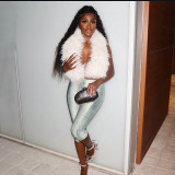Women Summer/Autumn Halter Neck Fur Collar Backless Lace-Up Top and Capri Pants Two-Piece Set