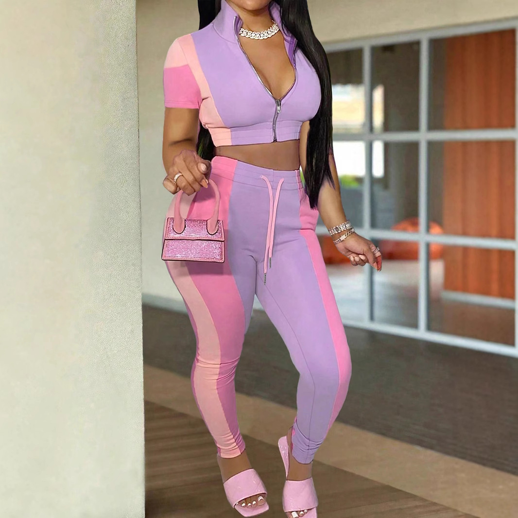 Women Colorblock Zippered Short-Sleeve Top and Casual Pocket Pants Two-Piece Set