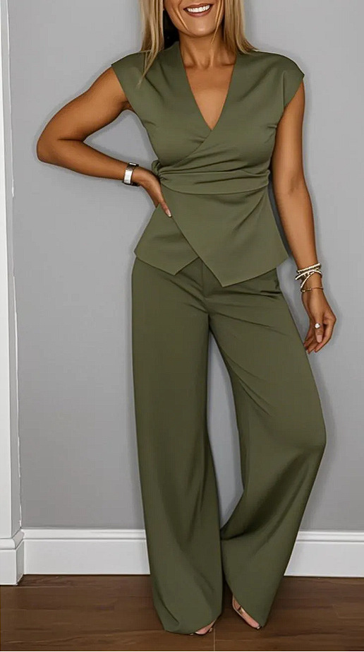 Women summer casual solid v-neck sleeveless top and pants two-piece set