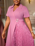 Plus-Size Women Short-Sleeved Turndown Collar Patchwork Lace Pleated Dress