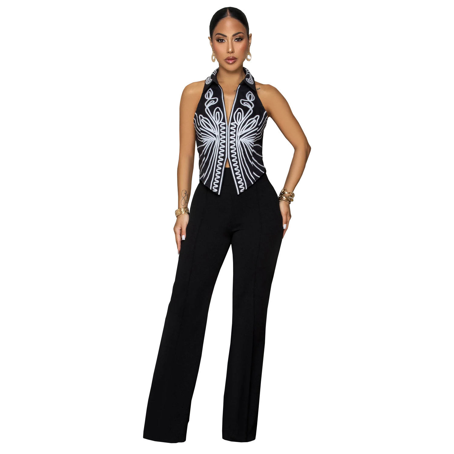 Women Elegant Printed Top and Pants Two-Piece Set