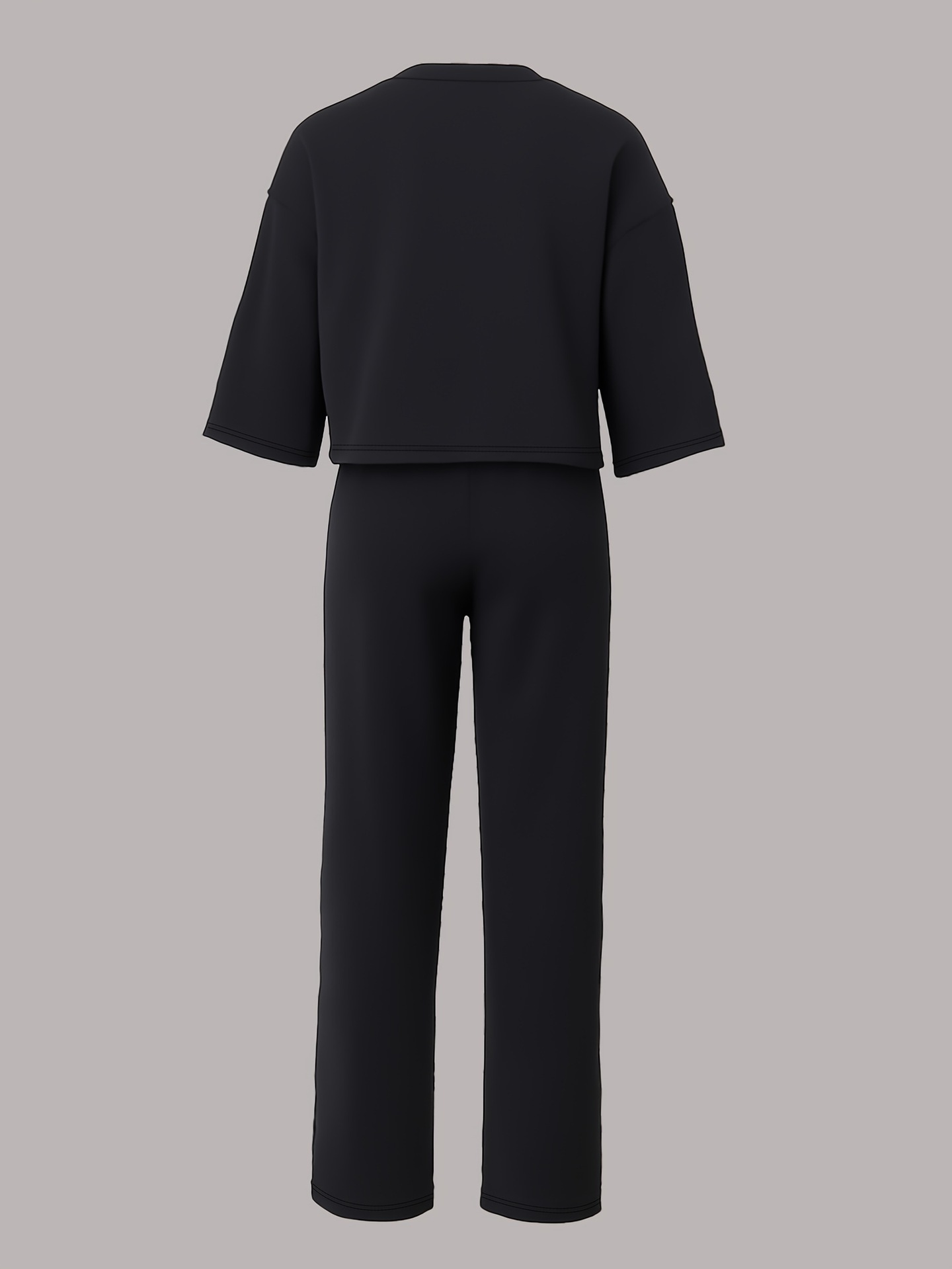 Women Casual Short-Sleeve Round Neck Top and Contrast Color Patchwork Two-Piece Pants