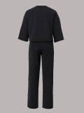 Women Casual Short-Sleeve Round Neck Top and Contrast Color Patchwork Two-Piece Pants