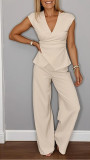 Women summer casual solid v-neck sleeveless top and pants two-piece set