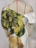 Women Spring/Summer Slash Shoulder Print Casual Holiday Dress