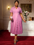 Plus-Size Women Short-Sleeved Turndown Collar Patchwork Lace Pleated Dress