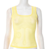 Women Spring/Summer Mesh See-Through Square Neck Solid Top