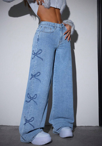 Women Casual Printed Washed Butterfly Denim Pants