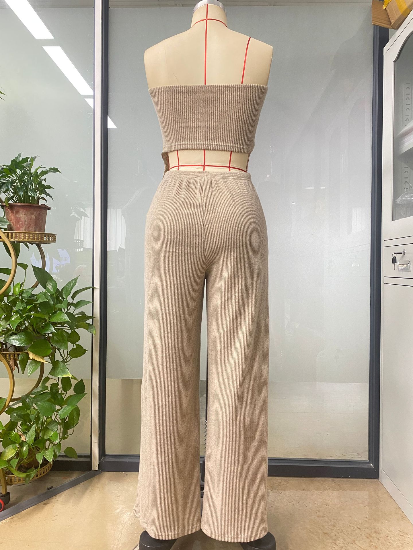 Women Summer Career Ribbed Sleeveless Tie Top and Pant Two-Piece Set