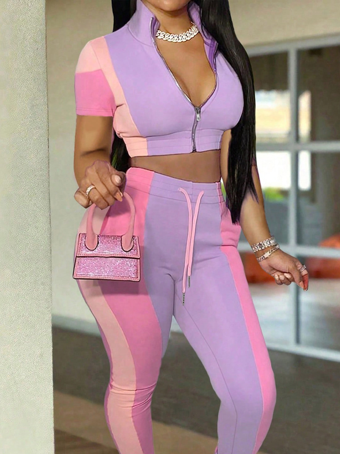 Women Colorblock Zippered Short-Sleeve Top and Casual Pocket Pants Two-Piece Set